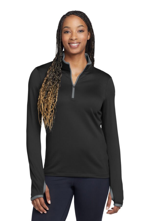 1200W-7440-BlkDkGrey-0-779796BlkDkGreyModelFront2 Nike Women's Dri-FIT Stretch 1/2-Zip Cover-Up