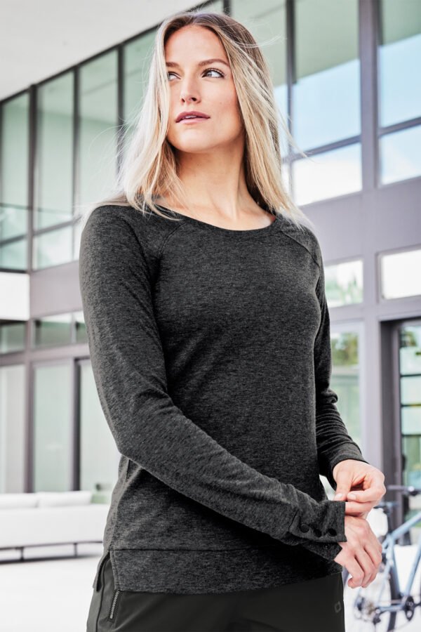 23075-7-LOG150GearGreyModelLifestyleSP23-1200W OGIO® Women's Command Long Sleeve Scoop Neck