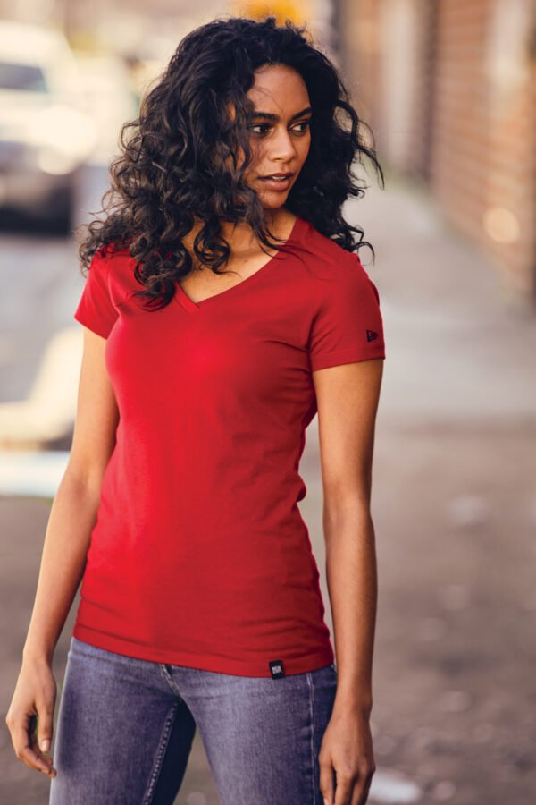 8534-Scarlet-7-LNEA101ScarletModelLifestyleGA22-1200W New Era® Women's Heritage Blend V-Neck Tee